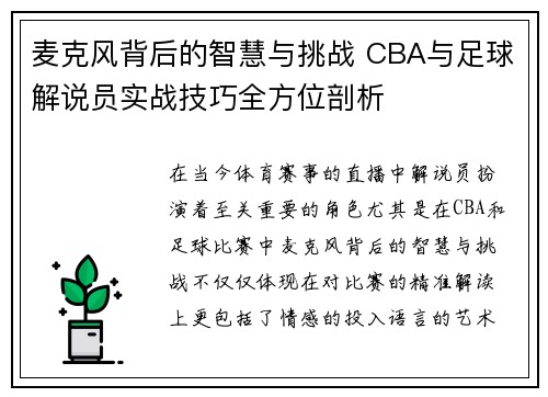 麦克风背后的智慧与挑战 CBA与足球解说员实战技巧全方位剖析