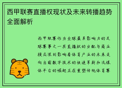 西甲联赛直播权现状及未来转播趋势全面解析