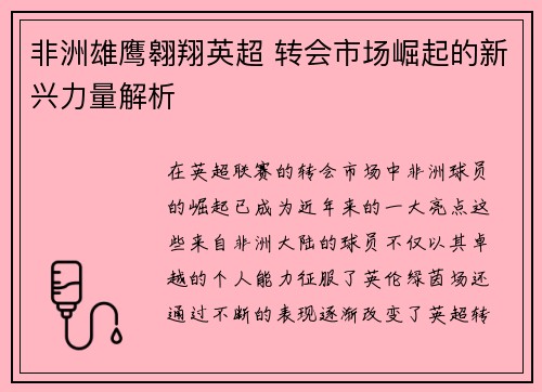 非洲雄鹰翱翔英超 转会市场崛起的新兴力量解析
